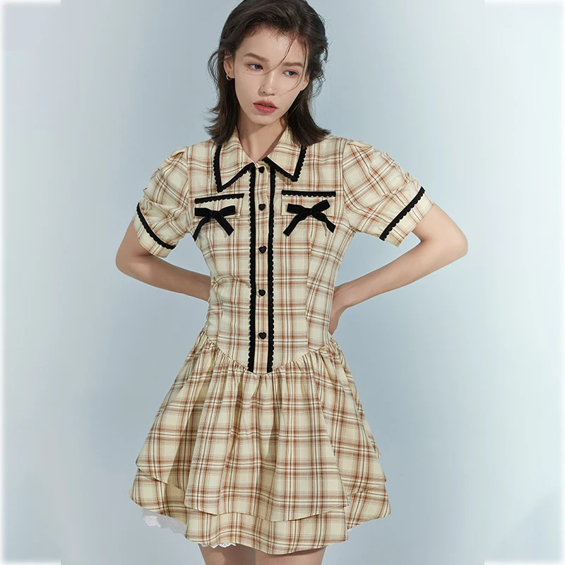 

Женское клетчатое платье Kawaii Y2K офисное женское тонкое винтажное повседневное Элегантное летнее платье с пышными рукавами новые корейские ...