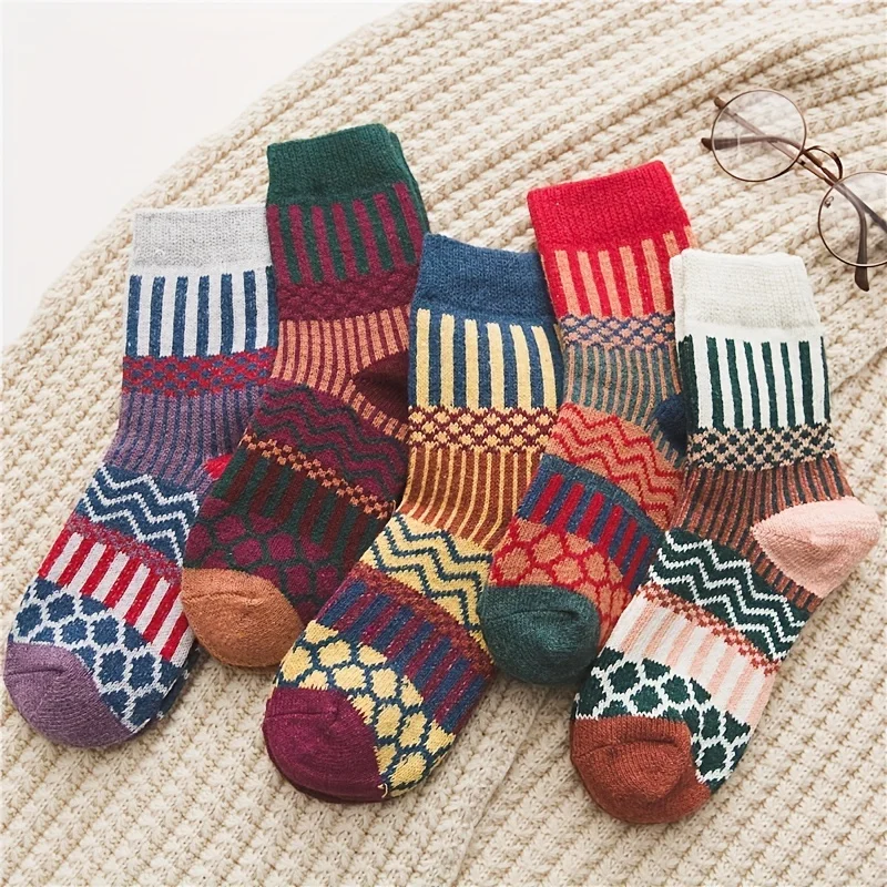 

5 пар этнических Хлопковых Носков в стиле ретро удобные, дышащие и утепленные для зимнего тепла