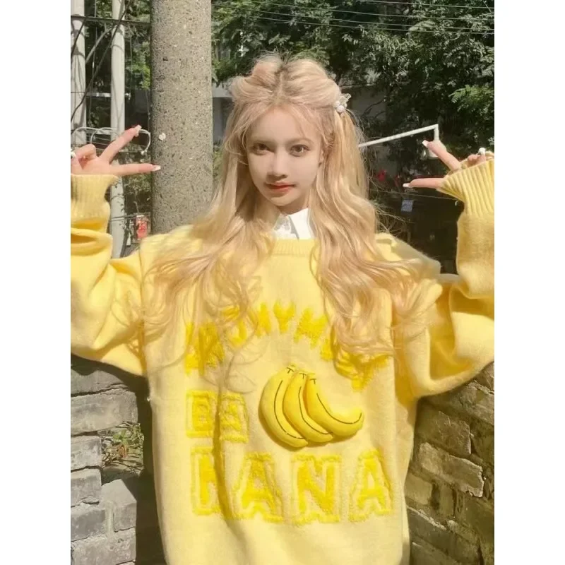 

Banana Three-dimensional Decoration Sweater Autumn and Winter 2023 Student Cute Design Sweater Japanese Fashion Kawaii Sweater