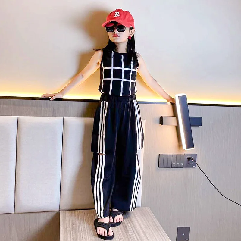

Teen Clothes Summer Dress Girls Clothes Fashion Casual Suits Plaid Vest + Striped Pants 2ps Kids Outfits Toddler Girls Clothing