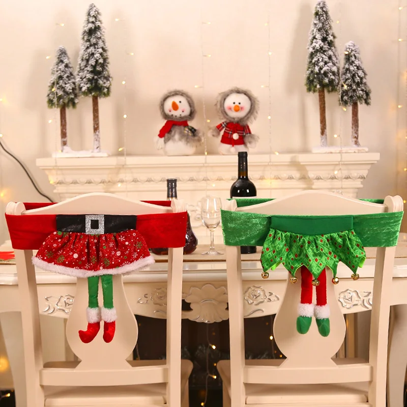 

Christmas Santa Chair Covers for House Girls Skirt Elf Shape Home Xmas Ornament Elastic Band Red Green Snowflake Print