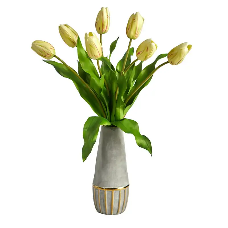 

22in. Dutch Artificial Arrangement in Stoneware Vase with Gold Trimming