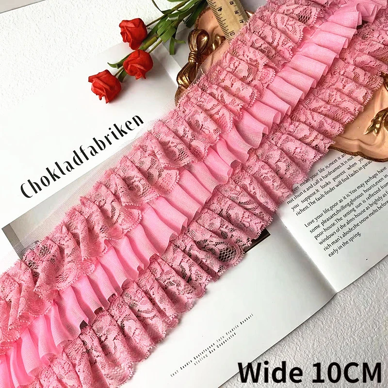 

10CM Wide Three Layers Pink Chiffon 3d Pleated Lace Fabric Edge Ruffle Trim Embroidered Fringe Ribbon Dress Guipure Sewing Decor