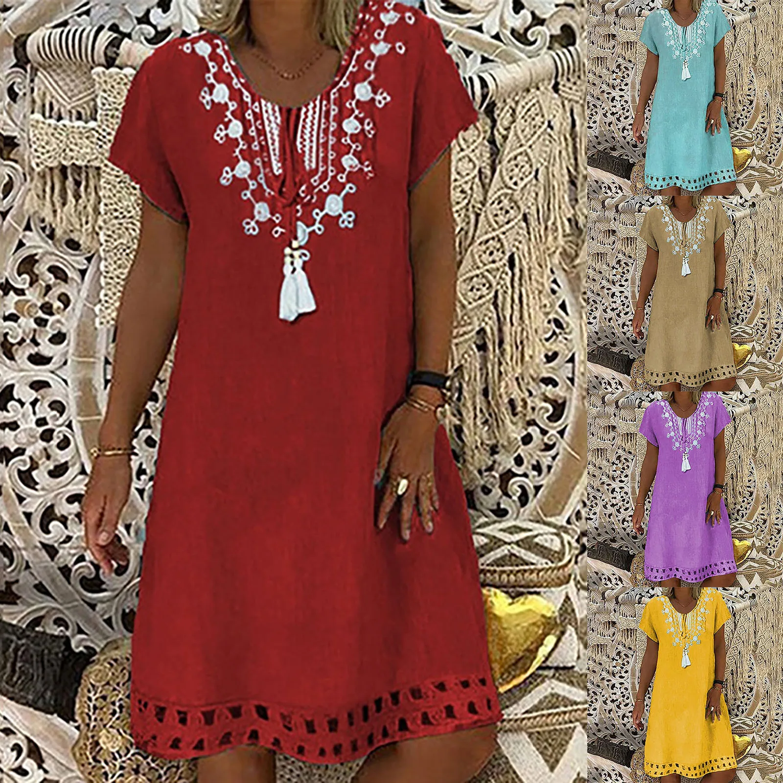 

Women V-neck Printing Loose Tassels Leisure Time On Vacation Short Sleeves Dress