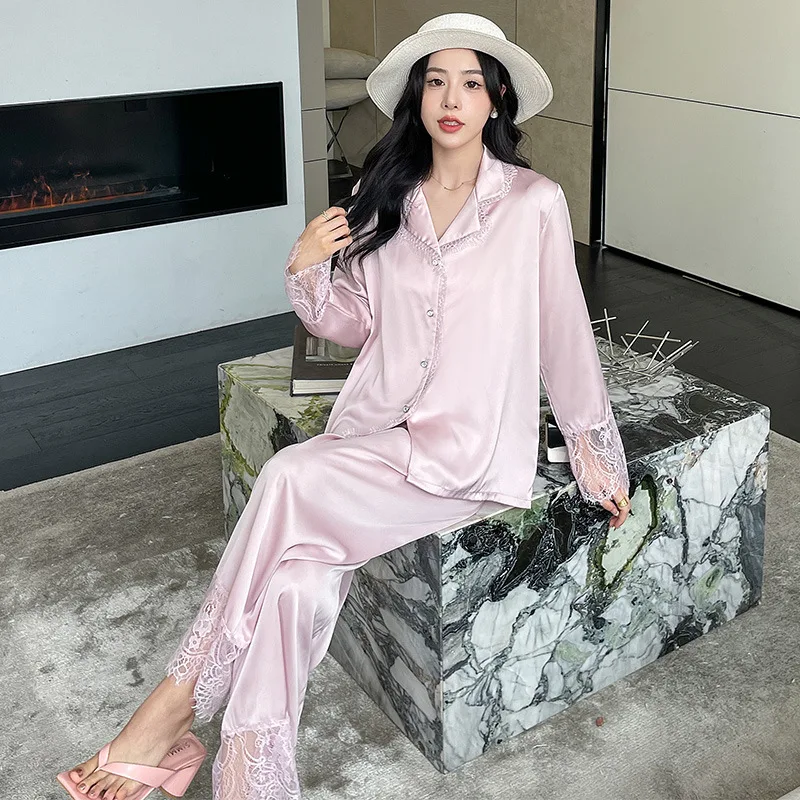 2022 Autumn Ice-Silk Pajamas Women's Long Sleeve Lace Stitching Pajama Set Advanced Home Clothing Satin Luxury Pijama Sexy Mujer