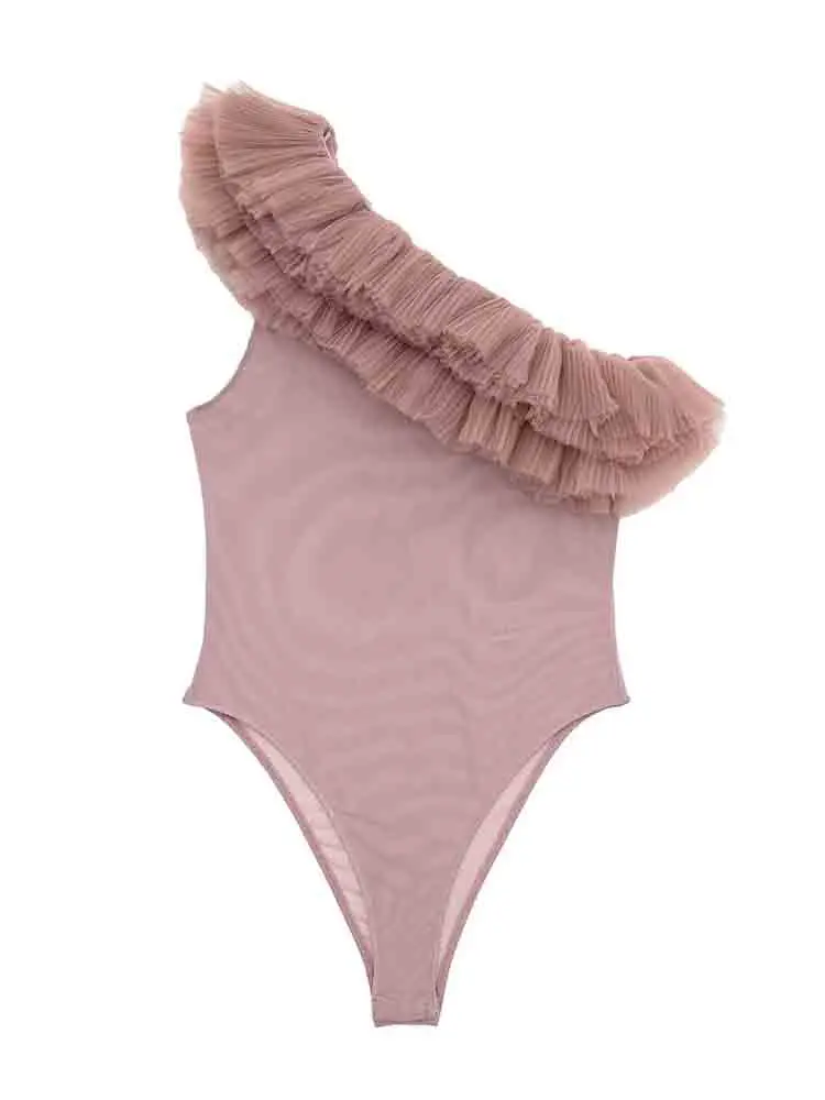 

KLKXMYT TRAF 2022 сетчатый Боди женское боди с рюшами женское белье сексуальное Тюлевое боди с открытыми плечами Асимметричный женский топ