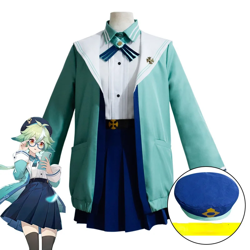 

Genshin Impact Sucrose Cosplay Costume Women Cute JK Uniforms Skirt Halloween Dress Up Suit with Hat Tie Glasses Sock
