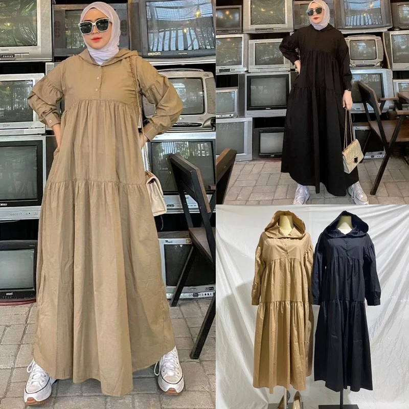 Women Ramadan Eid Muslim Abaya Hooded Dress Solid Color Maxi Long Sleeve Middle East Loose Dubai Turkey Hijab Modest Arab Dress