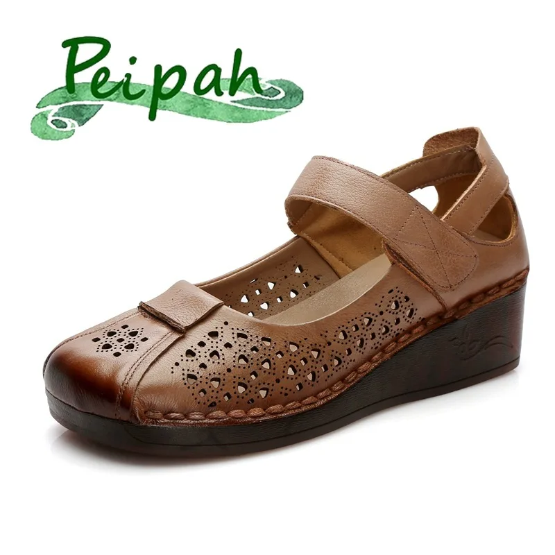

PEIPAH Summer Retro Wedges Hollow Shoes For Women Genuine Leather Flats Ladies Hook Loop Solid Casual Flat Platform Shoes