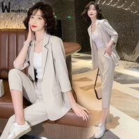 office casual pants suit women korean solid half sleeve blazer and straight trouser business outfits basic formal ol 2 piece set