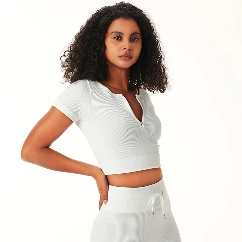 2PCS Yoga Set Women Workout Sportswear Zipper Short Sleeves Drawstring Shorts Running Clothing Gym Wear Athletic Sport Suits