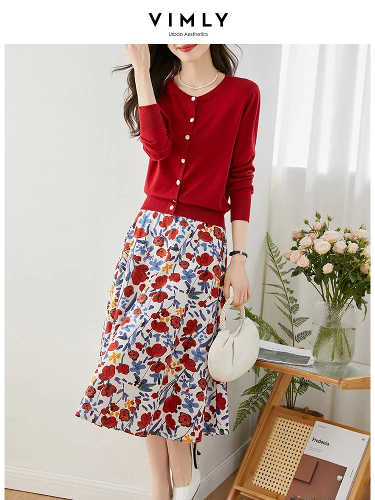 Vimly Winter Warm Skirt Sets Floral Knit Cardigan Suit Korean Fashion Elegant Spring 2023 New 2 Piece Sets Womens Outfits V5935