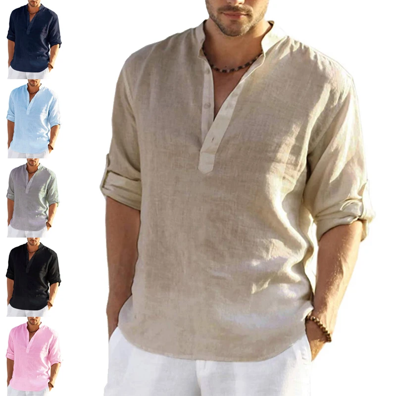 

2023 nowa męska lniana koszulka kolorze luźna luźna koszulka z długim rękawem koszula z mieszanki bawełny