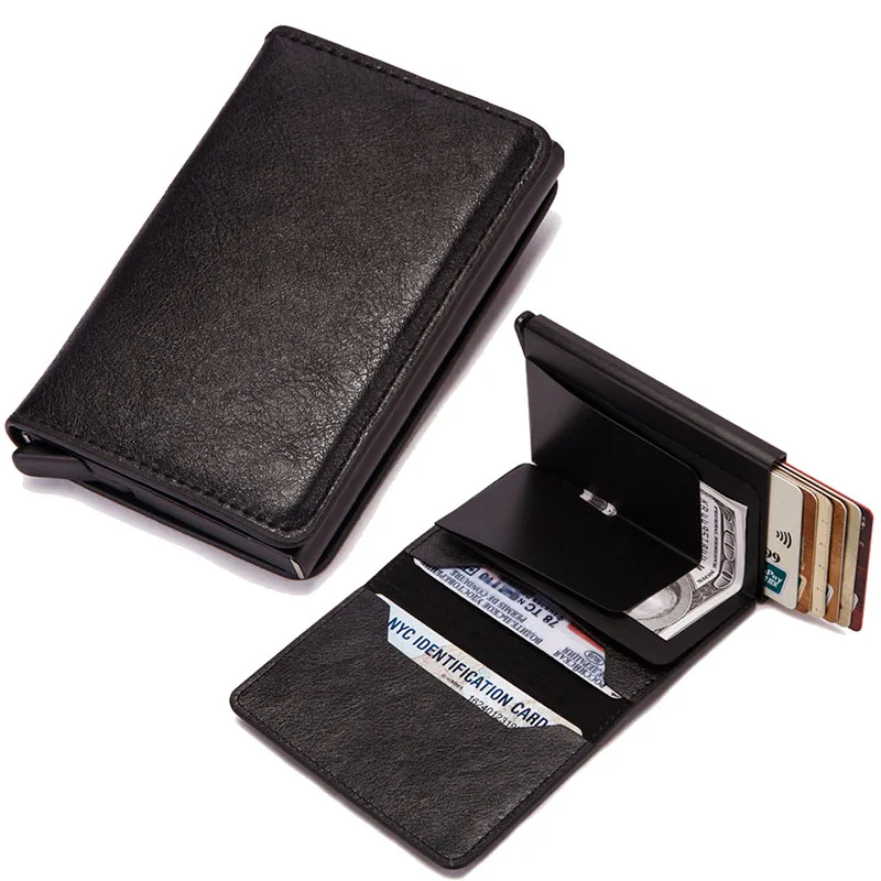 

Automatic Card Holder Vintage PU Leather Mini Wallet Business Card Case RFID Metal Card Cover Smart ID Card Holder Men Women