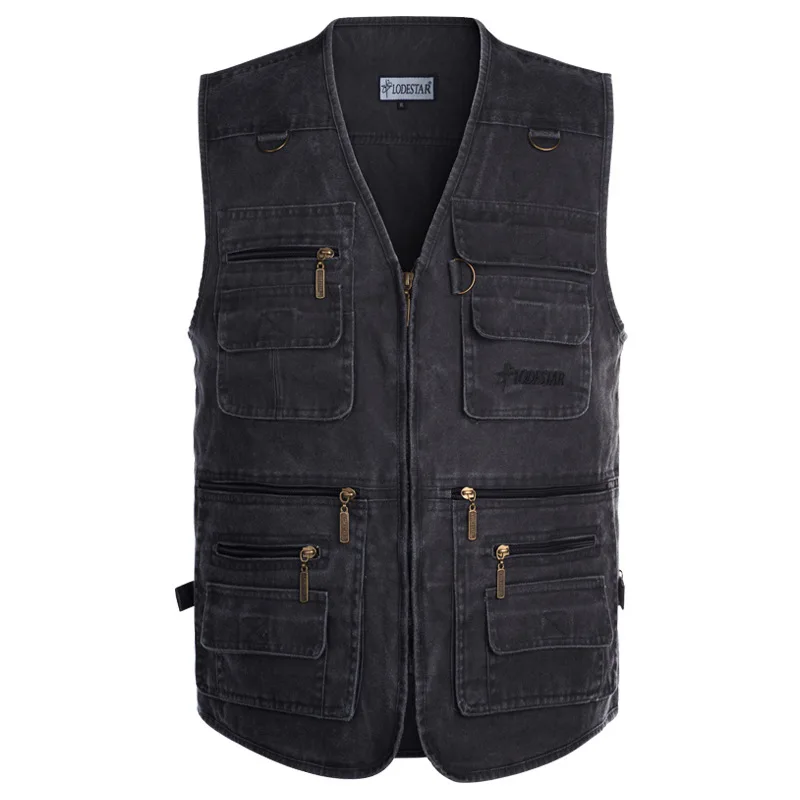 

New Male Casual Big Size Denim Sleeveless Vest With Maby Men Multi Pocket Waistcoat Khaki Army Green 5XL 6XL 7XL