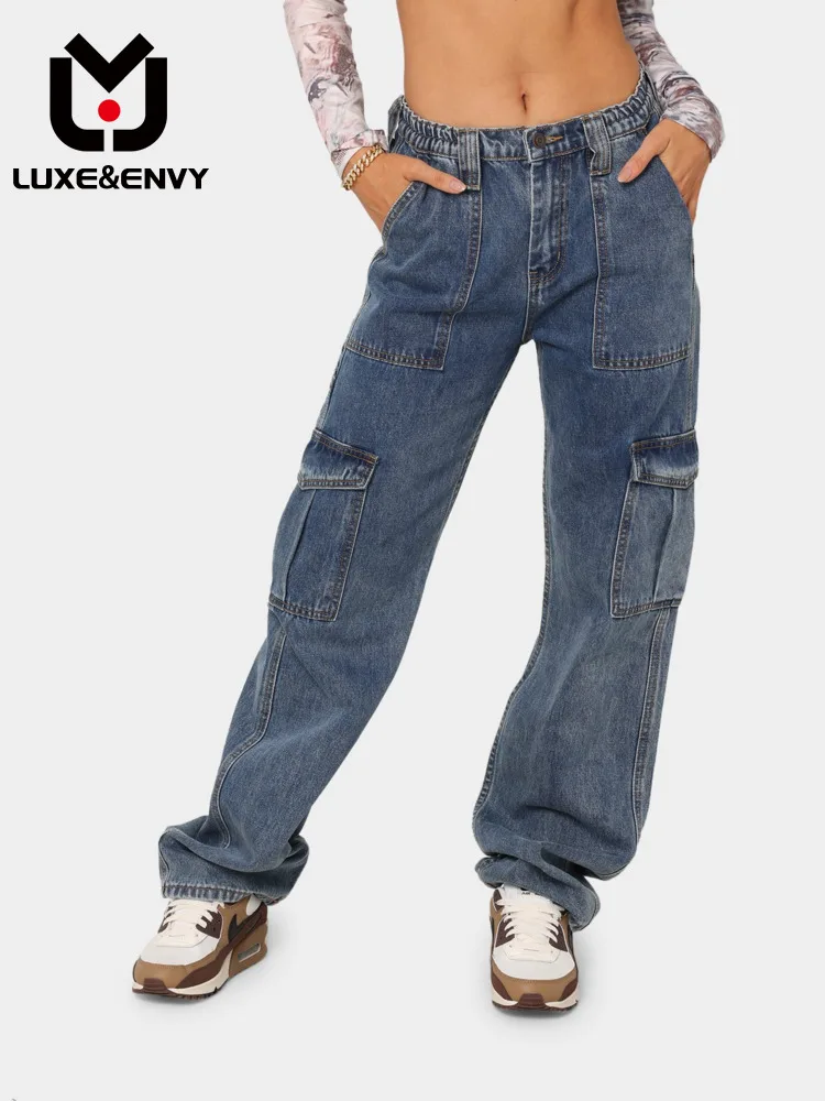 

Роскошные женские джинсы для работы люкс & ENVY, новинка весны 2023, свободные джинсовые брюки с несколькими карманами и широкими штанинами для женщин