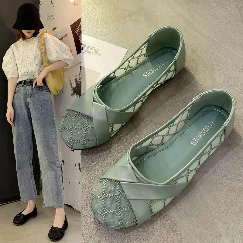 

Shoes for Women 2023 Green Low Heel Elegant Ladies Summer Footwear Square Toe Transparent Flats Casual Clear Flat Chic Stylish E