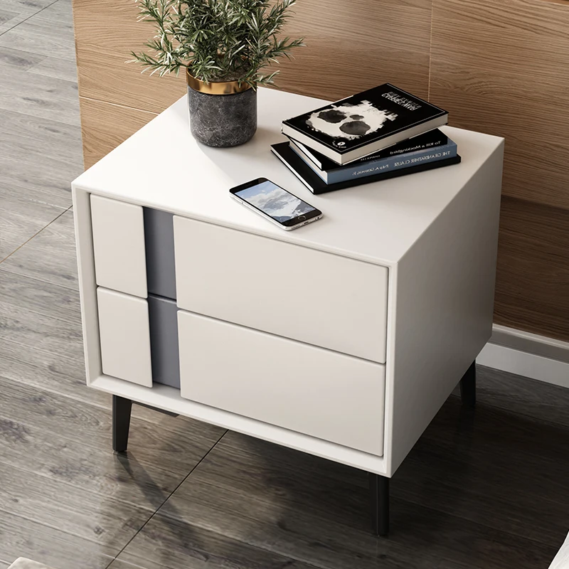 

Japanese Style Bedside Table Storage Minimalistic White Luxury Wood Leather Nightstands Modern Table De Chevets FurnitureLJYXP