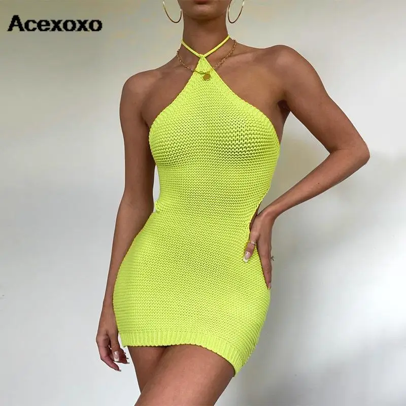 

Europe and the United States wind 2023 summer new solid color sexy tie with bare shoulder hip sweater dress