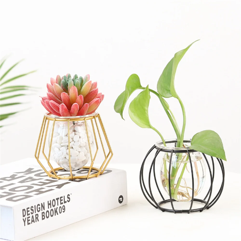 

Metal Iron Crafts Flower Vase Plants Holder Home Desk Decor Vases Ornament Nordic Style Golden Black Glass Hydroponic Container