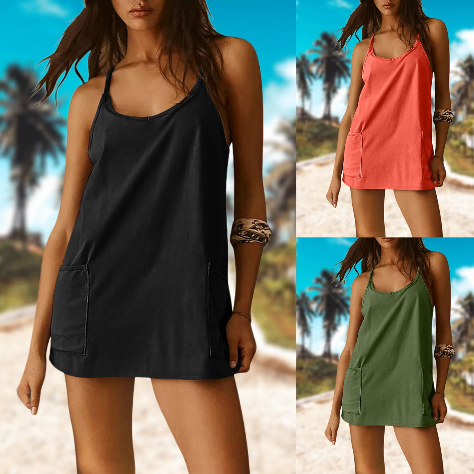 

Women 3 Pieces Shorts Suits Sleeveless Strap Top Short Pant Sling Dress Sets Oversized Solid Color Sports Style Matching Sets