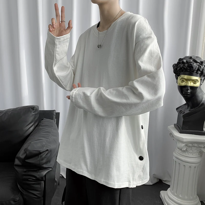

Breasted Long Sleeve Men T Shirts 2022 Summer Street Fashion Split Fork Black White Oversized Korean Clothing All-match Harajuku