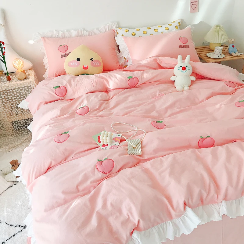 

Kawaii персиковый Комплект постельного белья для дома хлопок розовый двойной полный Королевский размер симпатичная двойная простыня наволоч...