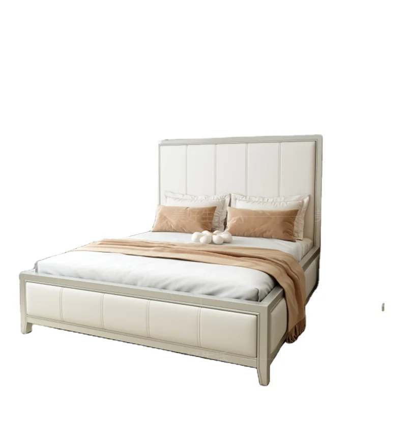 

French light luxury cream style solid wood double bed bedroom princess bed American cherry wood soft backrest king bed