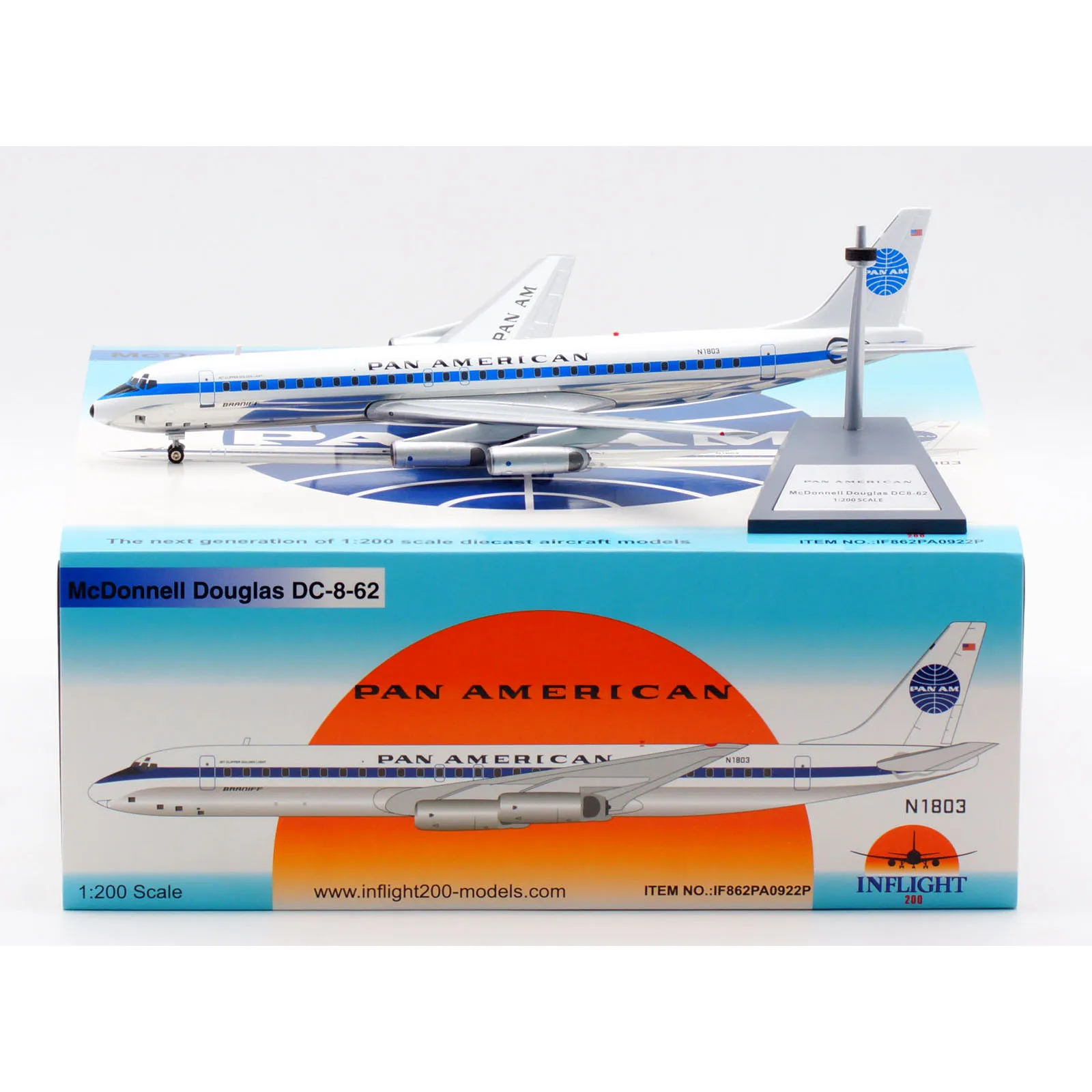 

IF862PA0922P Alloy Collectible Plane Gift INFLIGHT 1:200 PAN AM McDonnell Gouglas DC-8-62 Diecast Aircarft JET Model N1803