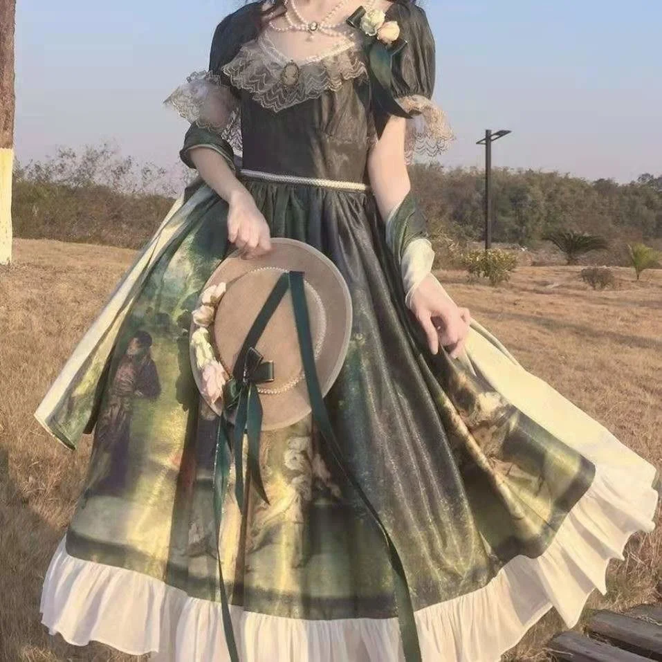 

Goth Dresses Women Lolita Oil Painting Handle Lolita Forest Ball Lolita OP Dress Elegant Retro Court Dress