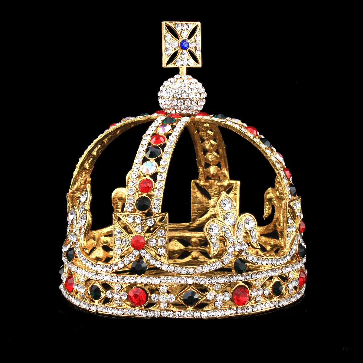 Baroque King Queen Big Round Crown Luxurious Colorful Rhinestone With Pearl Tiara