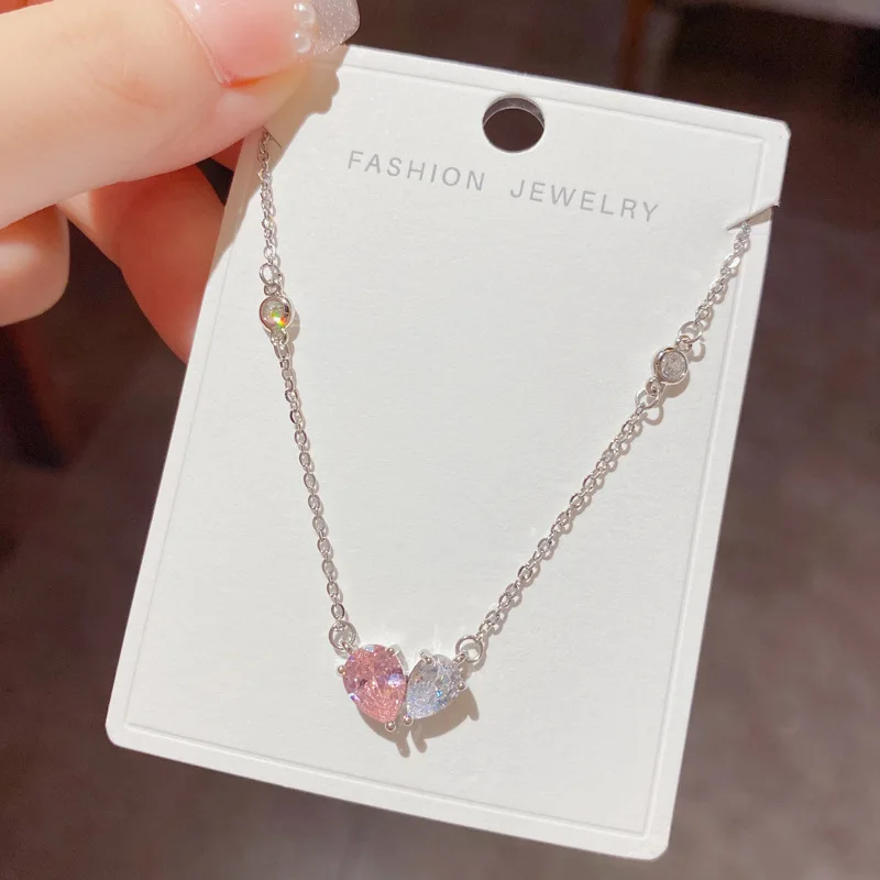 

KOFSAC 925 Silver Necklace For Women Shiny Crystal Water Droplets Heart Pendant Necklaces Party Jewelry Valentine's Day Gift