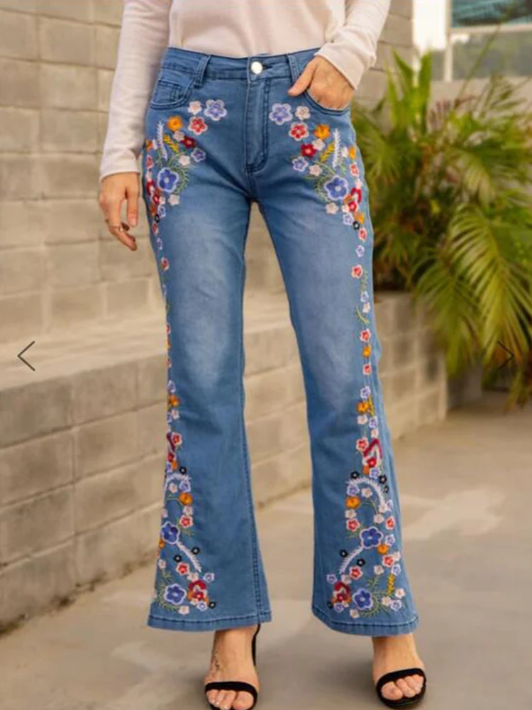 

XS-4XL Creative Design Flower Print Jeans for Women Slim Mid-waist Flared Pants Plus Size Female Personalized Denim Jeans