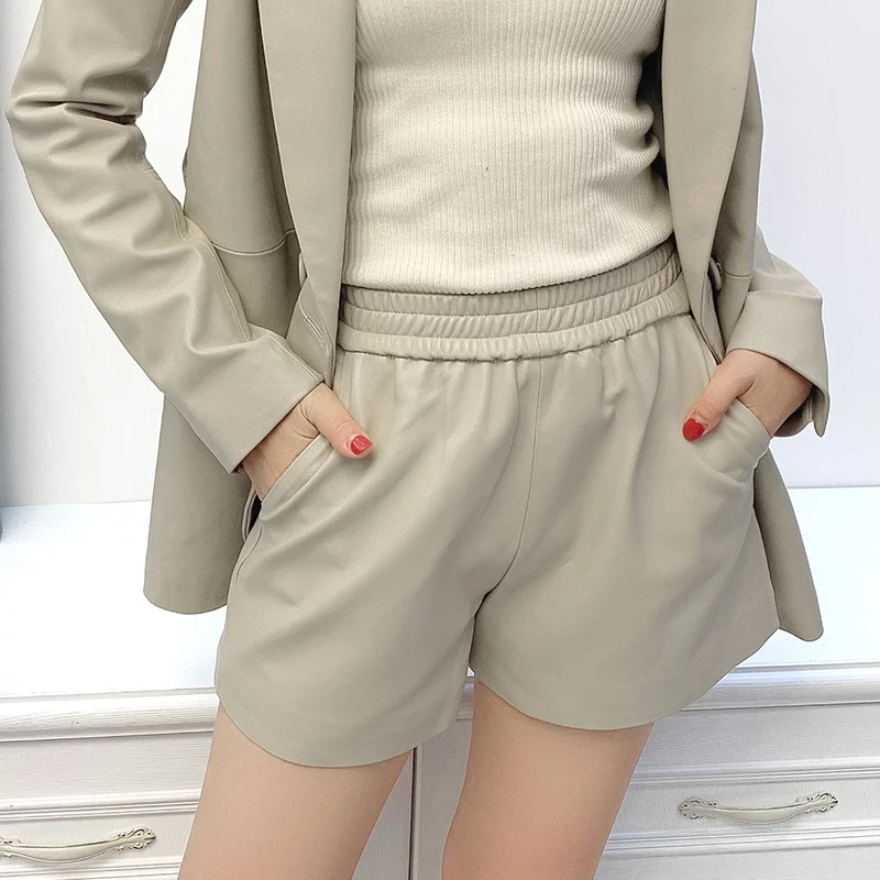 2 Piece Suits Women Genuine Leather Coat Silhouette Casual Handsome Suit With Belt Female Grey Chic Blazer And Shorts Set