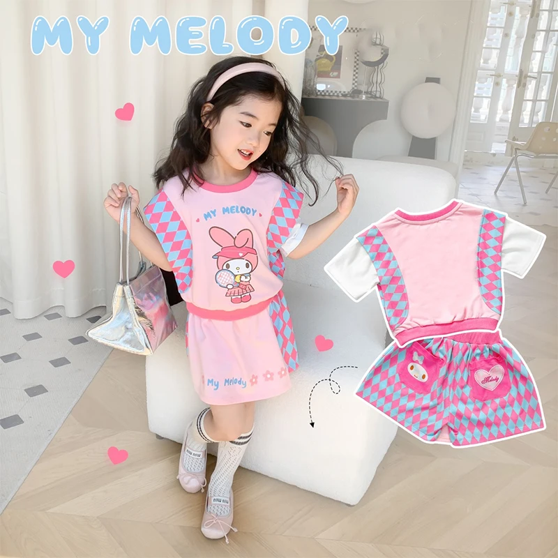 

Anime Sanrio My Melody Girl Child Top T-shirt Culottes Dress Summer Kawaii Fake Two Sports Style Short Sleeves for Kids Clothes