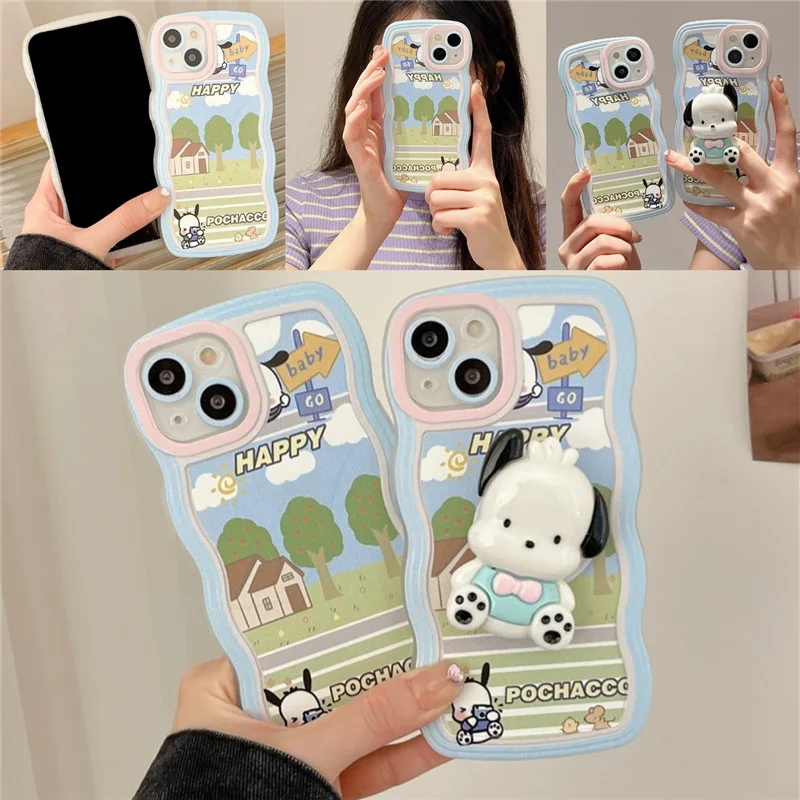 

Sanrio Kawaii Phone Case Pochacco for Iphone13/12/11/pro Max with Bracket All-Inclusive Soft Shell Anti-Fall Accessories Gift