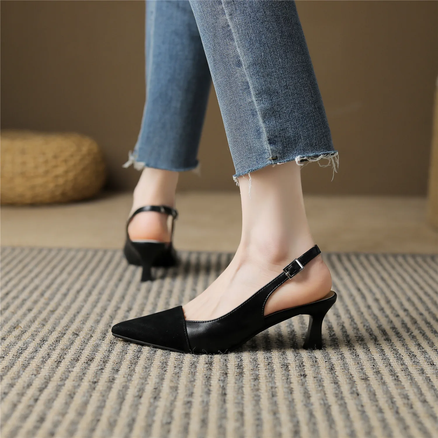 Women Cow Leather Sandal Pumps Pointed Toe Thin Med Heels Buckle Strap Shoes Extra Big Size 46 47 Spring Autumn Handmade Shoes