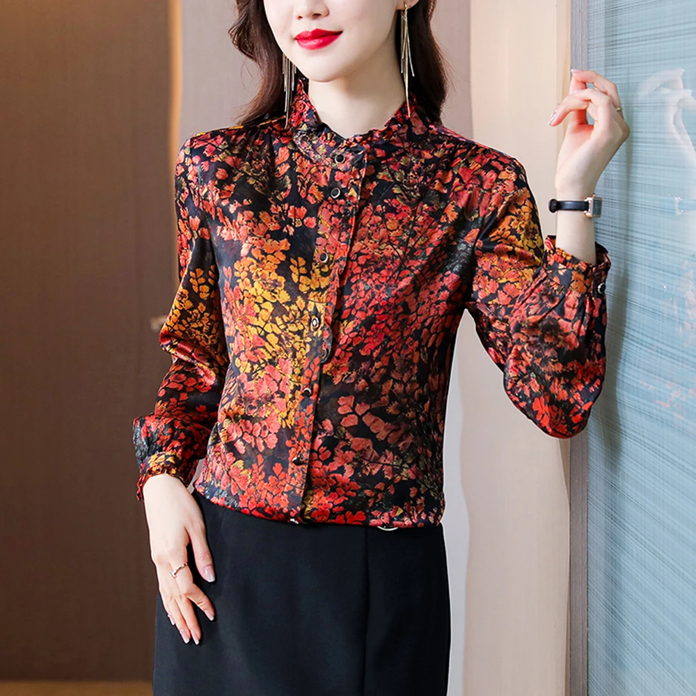 

Vintage Elegant Printed Shirts Women Autumn 2022 Stand Collar Long Sleeve Silk Blouse Fashion Simple Tops Women Casual Clothing