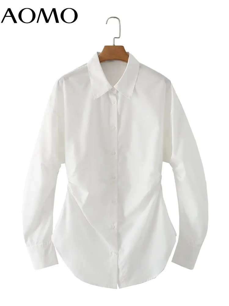 

AOMO Women White Shirts Pleated Long Sleeve Buttons Female Blouses Tops 4T24A