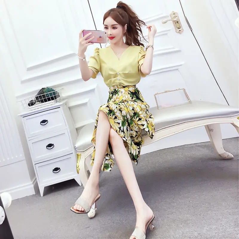 

Two Piece Sets Women Summer Chiffon Shirt and Midi Floral Print Skirts 2pcs Set Female Korean Casual Fashion Skirt Suit E111