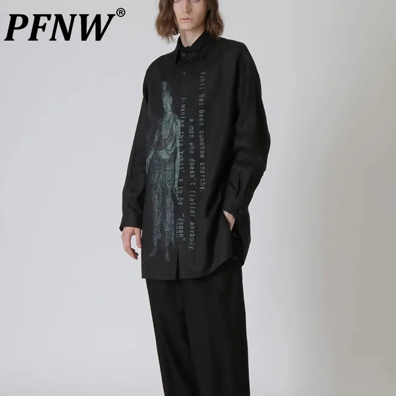 

PFNW Men's Linen Design High Sense Print Buddha Statue Casual Shirt Chinese Style Punk Gothic Tide Chic Long Length Top 12Z5494