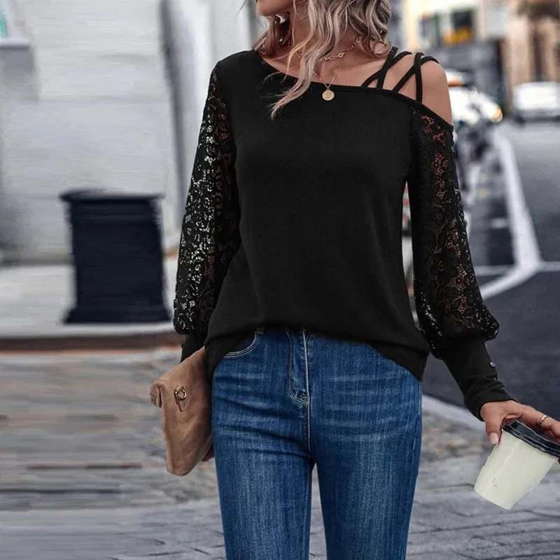 

2023 European and American Sexy Autumn Women's Loose Shoulder T-shirt Black Lace Long Sleeve Solid Button Top Women's Clothing