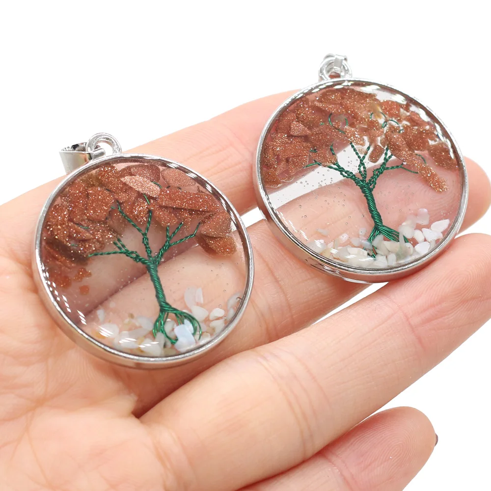 

Natural Stone Gold Sand Stone Round Crystal Tree of Life Charm Pendant for Jewelry Making DIY Accessories Fit Necklace Earrings