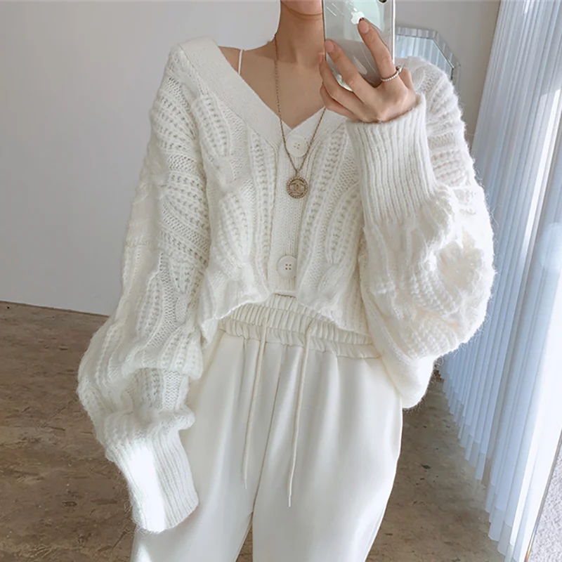 

Women Cardigan V Neck Button Up Jackets Solid Knitted Short Coats Vintage Criss-Cross Fall Winter 2021 Raglan Sleeve Sweaters
