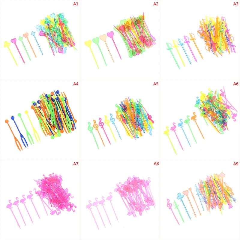 

Hot 50pcs Plastic Fruit Fork Mini Children Snack Cake Dessert Food Fruit Pick Toothpick Bento Lunches Party Decor Free Shipping