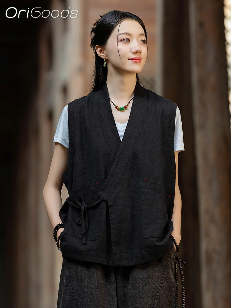 OriGoods Ramie жилет женский рубашка без рукавов в китайском стиле 2024 новый свободный