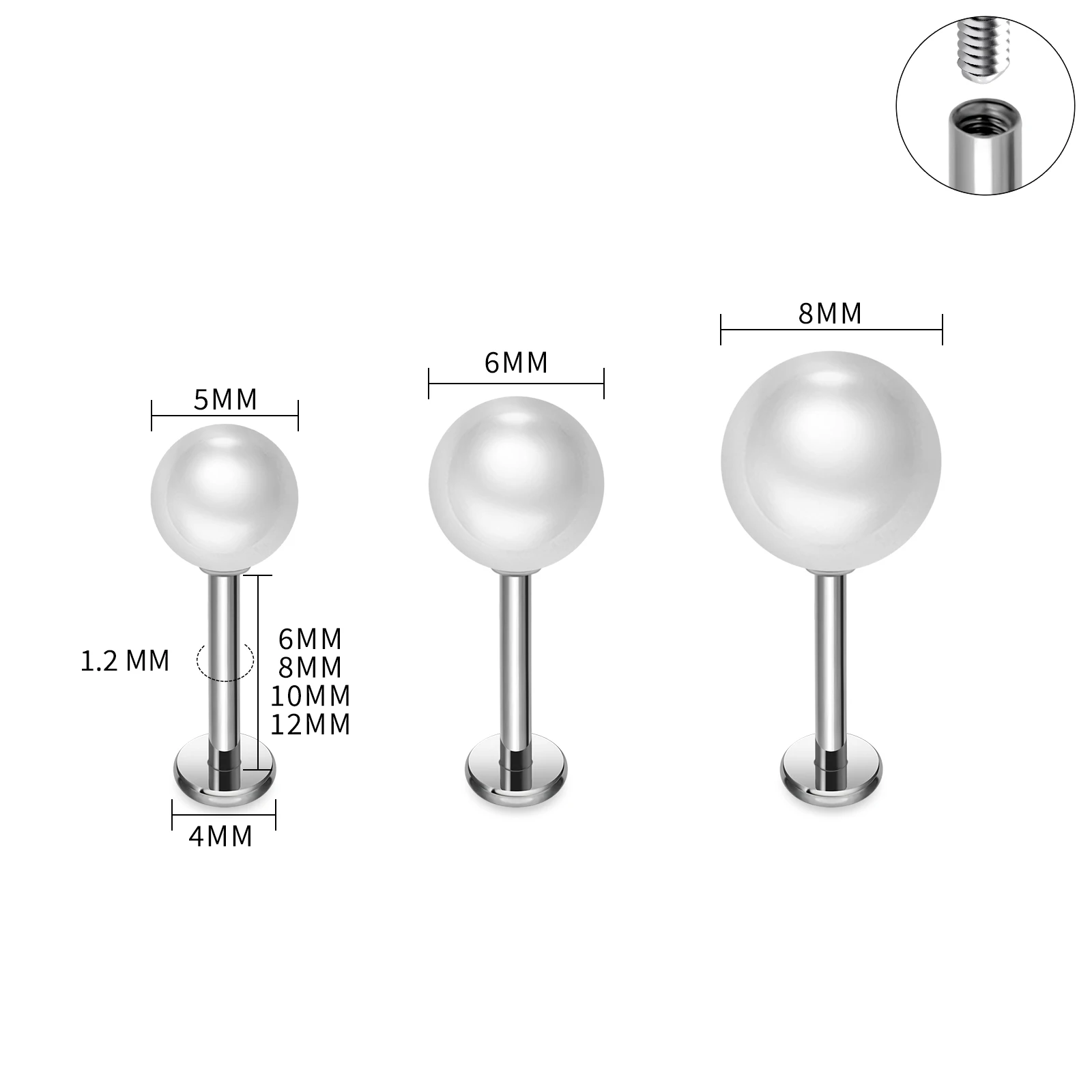Фото ASTM F136 Титановые жемчужные серьги-гвоздики для губ для женщин, хрящ, спираль для козелка, ювелирные изделия для пирсинга, плоская задняя часть, серьги-гвоздики, украшения для тела №2