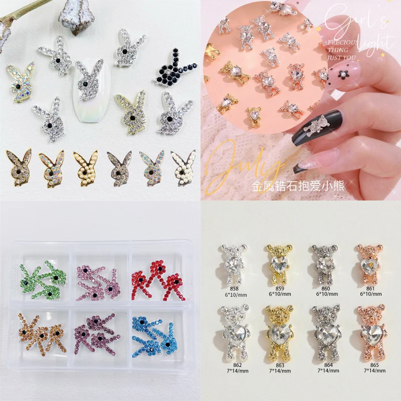 

10pcs Luxury Diamond Zircon Animals Nail Art Charms Kawaii Rabbit/Bear Alloy Nail Rhinestone Decorations DIY Jewelry Accessories