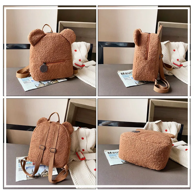 Autumn And Winter Fashion Solid Color Backpack Lightweight Plush Bear Preschool Bag Kids Backpack for Boys Girls Ladies Purse