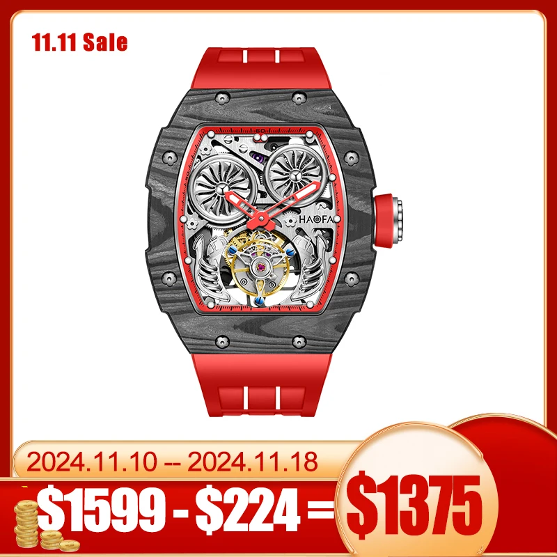 Haofa автоматические часы с турбийоном для мужчин углеродное волокно двойная